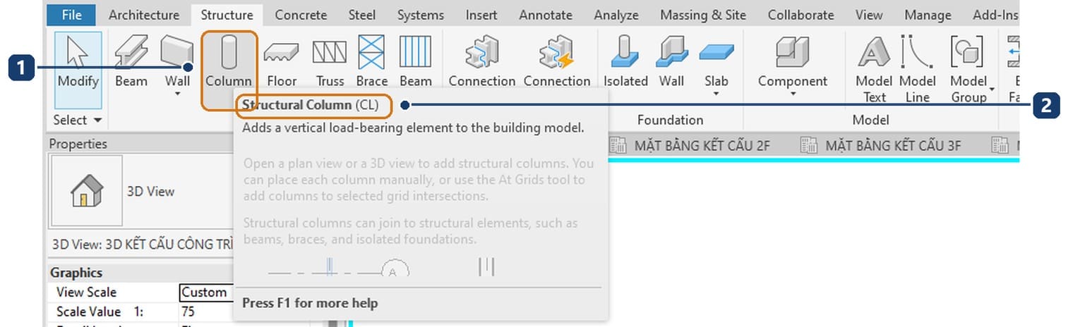 1 the Column button on the Structure tab. 2 the tooltip names the command Structural Column with shortcut CL
