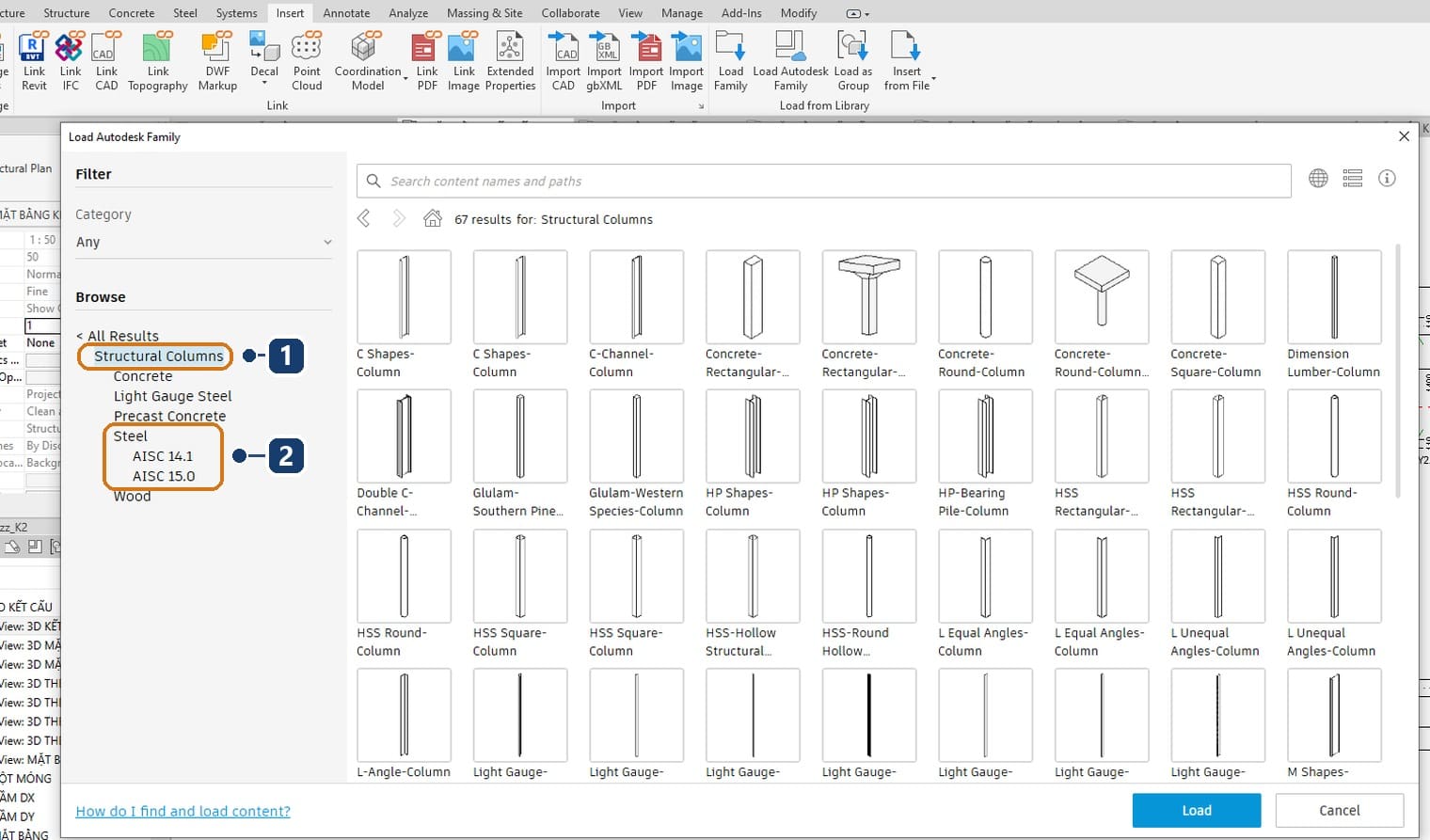 1 the Structural Columns group in the Browse tree. 2 the Steel branch holding two sets of AISC sections