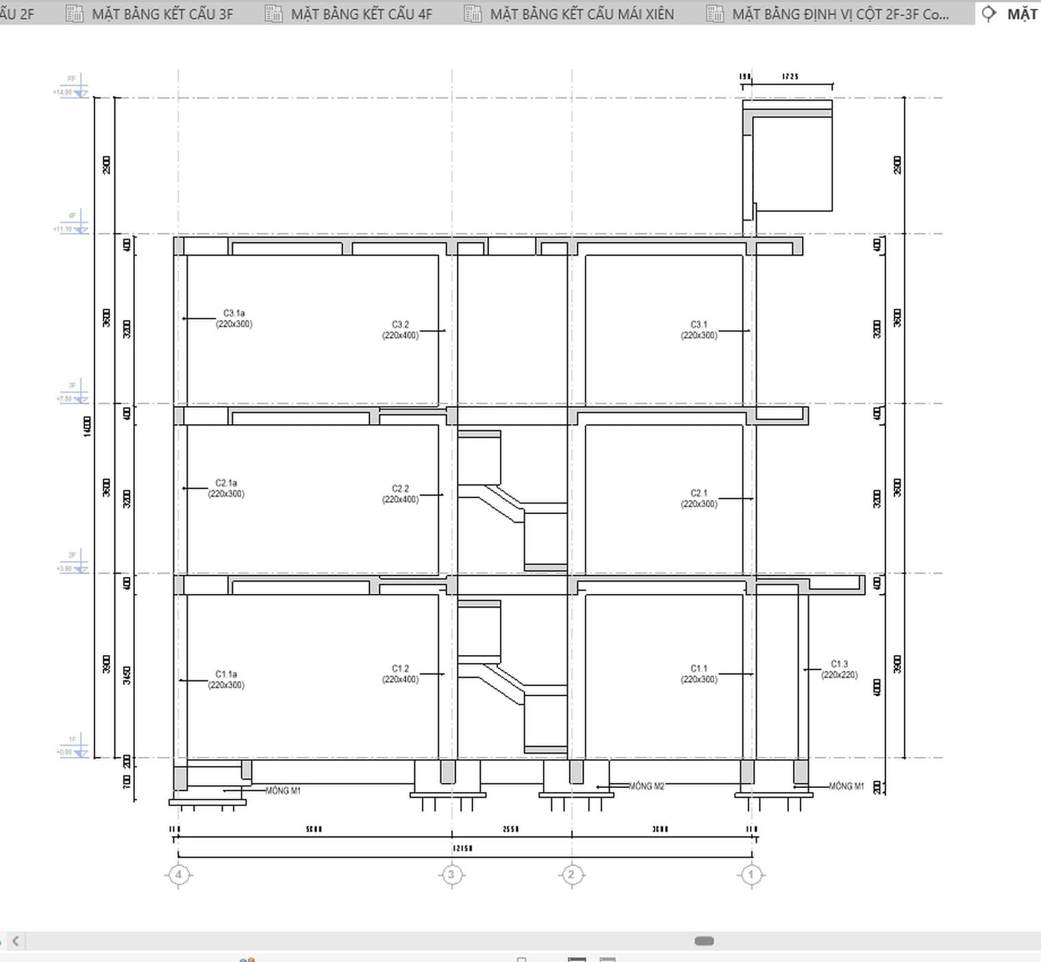 A structural section: one column segment per storey, marked by floor and by section