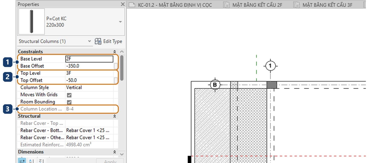 1 Base Level and Base Offset. 2 Top Level and Top Offset. 3 Column Location Mark naming the grid intersection