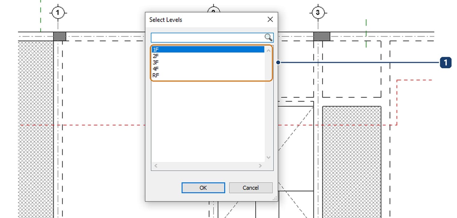 1 the list of levels in the Select Levels dialog, multi-select with Ctrl