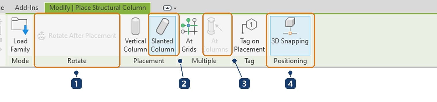 1 Rotate After Placement greys out. 2 Slanted Column is active. 3 At Columns greys out. 4 the Positioning panel with 3D Snapping