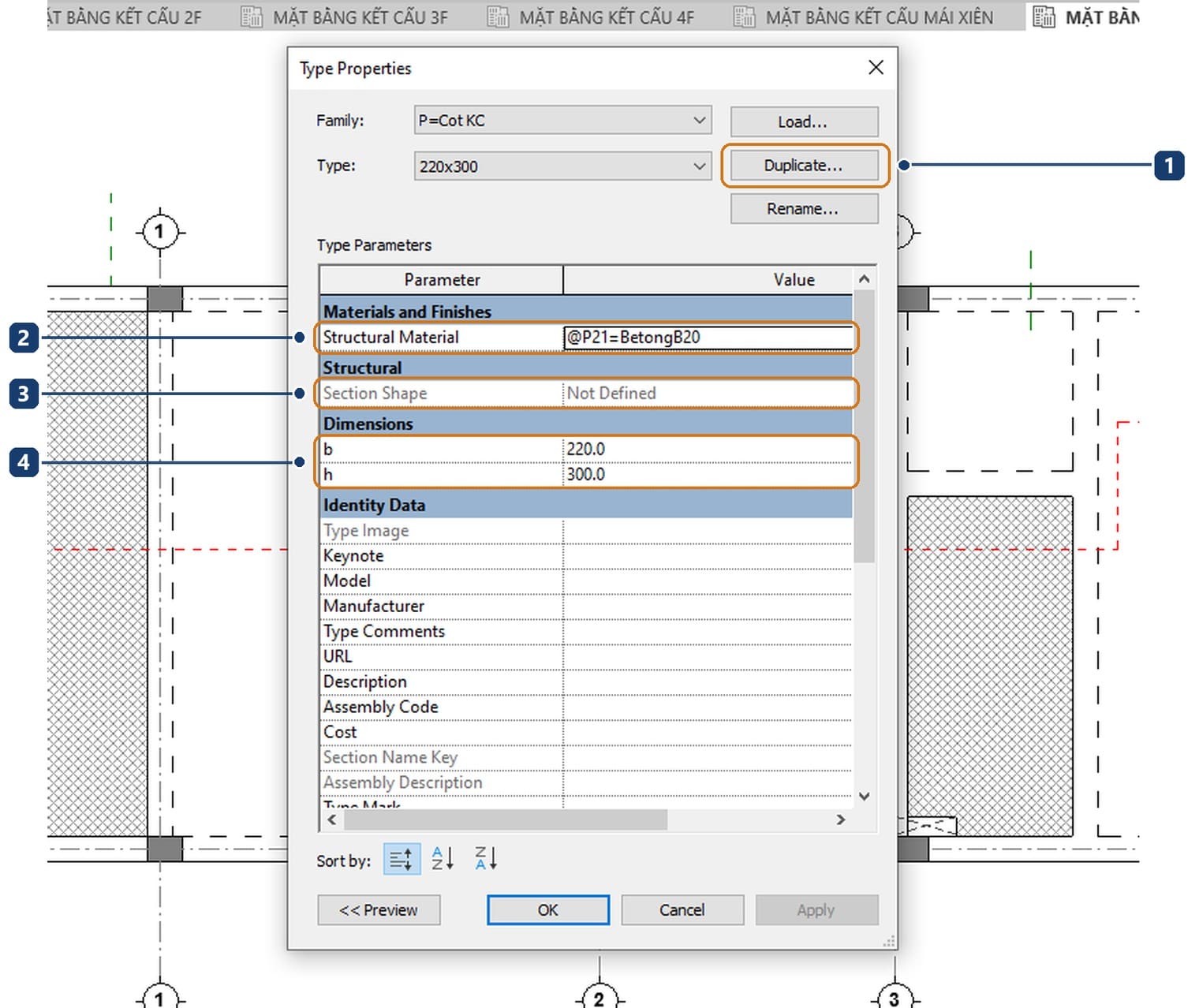 1 Duplicate creates the new type. 2 Structural Material. 3 Section Shape. 4 the two section dimensions