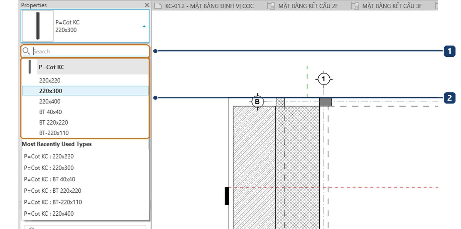 1 the Search box filters the list. 2 the column family of the project and its existing sections