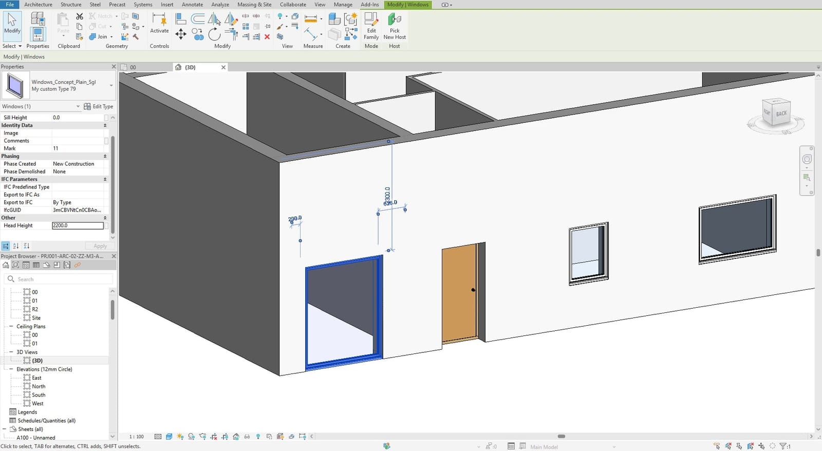 A wooden door and windows in a Revit 3D view, with Sill Height and Head Height of the selected window in Properties
