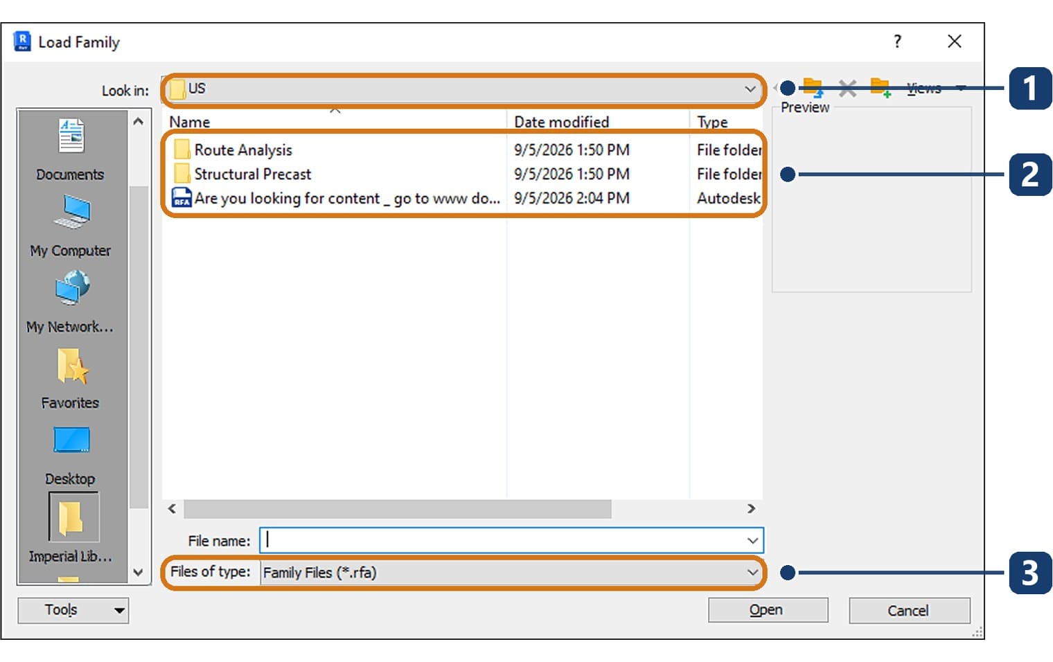 The Load Family dialog on a fresh Revit 2027 install