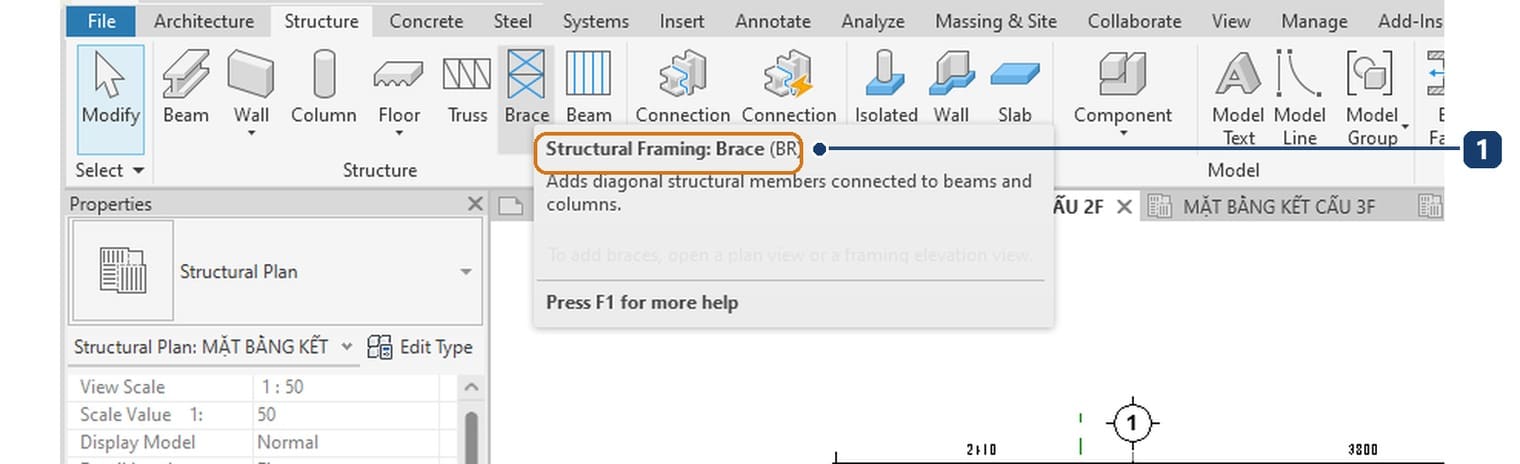 1 chú giải của nút Brace ghi Structural Framing: Brace kèm phím tắt BR