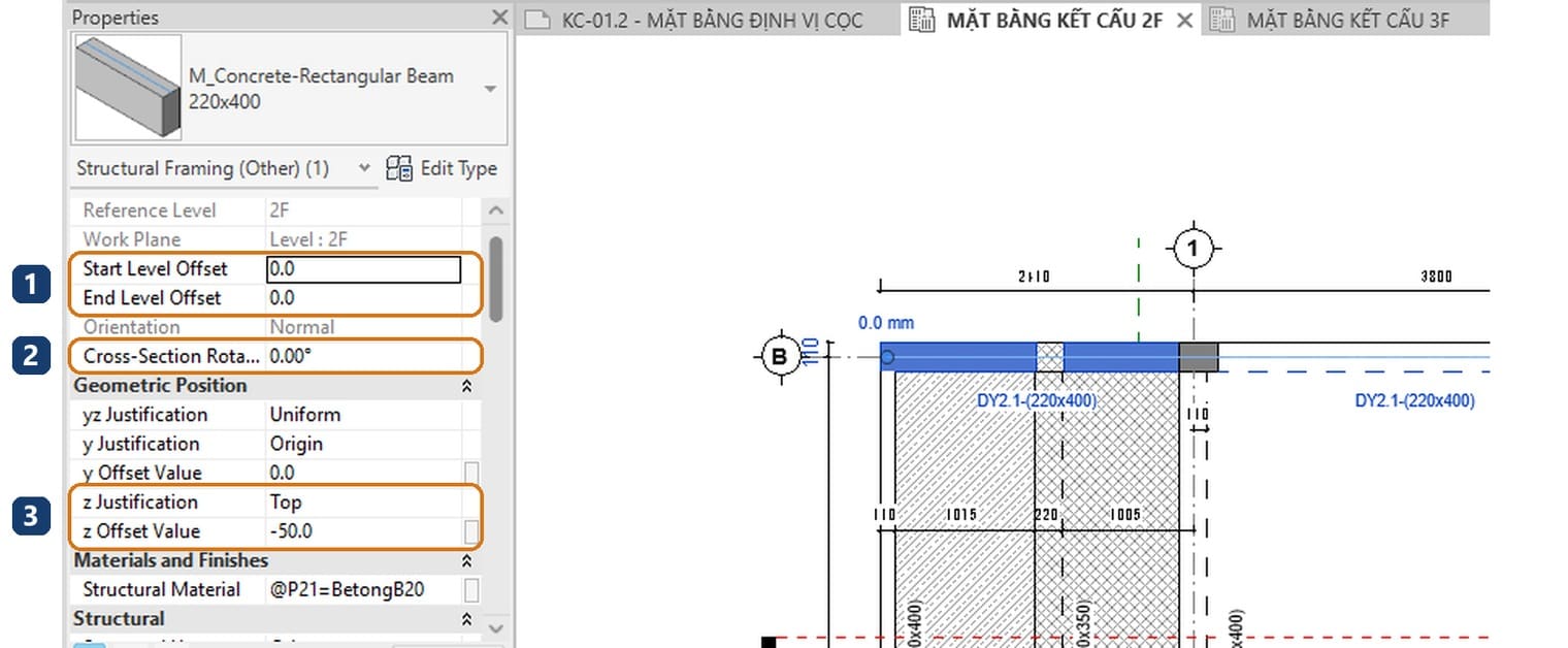 1 Start Level Offset và End Level Offset. 2 Cross-Section Rotation. 3 z Justification và z Offset Value