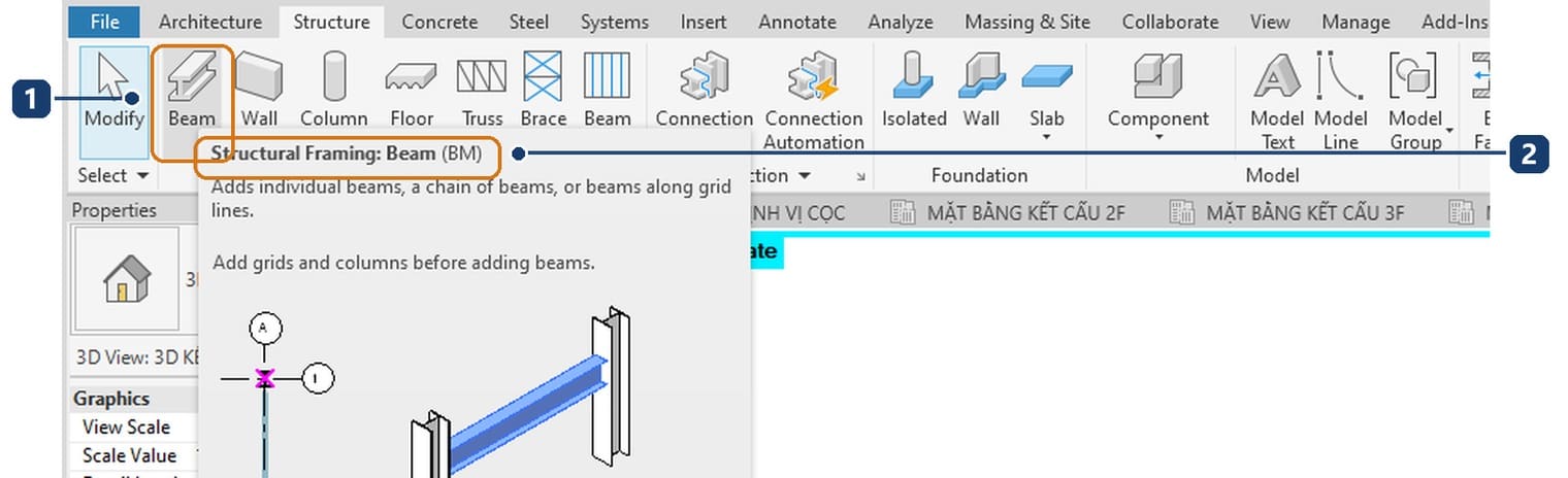 1 nút Beam trên tab Structure. 2 dòng đầu chú giải ghi Structural Framing: Beam kèm phím tắt BM