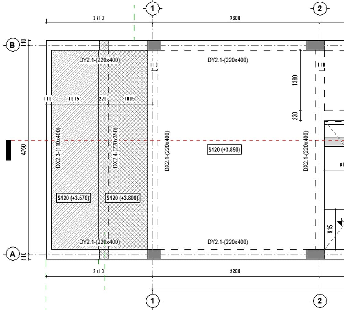 Nhịp trục 1–2 trên mặt bằng kết cấu tầng 2 với nhãn dầm ghi theo phương và tầng, kiểu DY2.1 tiết diện 220x400