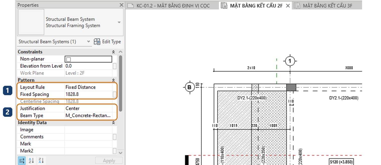 1 Layout Rule và Fixed Spacing. 2 Justification và Beam Type của cả hệ