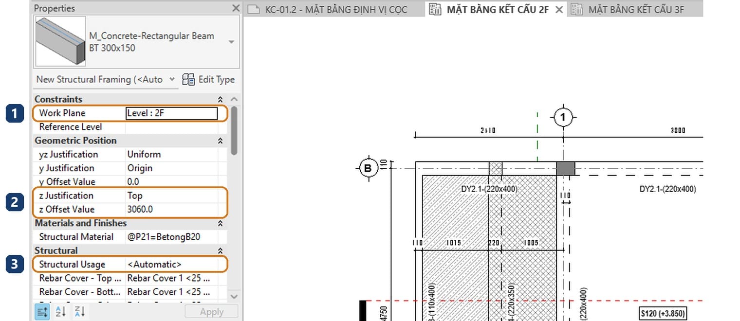 1 Work Plane, mặt phẳng làm việc của dầm sắp vẽ. 2 z Justification và z Offset Value. 3 Structural Usage