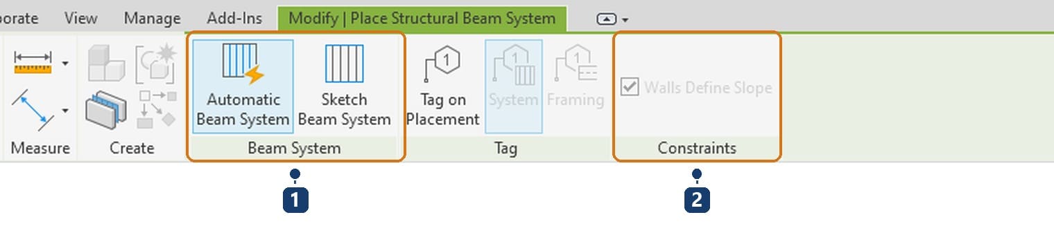1 panel Beam System với Automatic Beam System đang bật và Sketch Beam System bên cạnh. 2 ô Walls Define Slope của panel Constraints