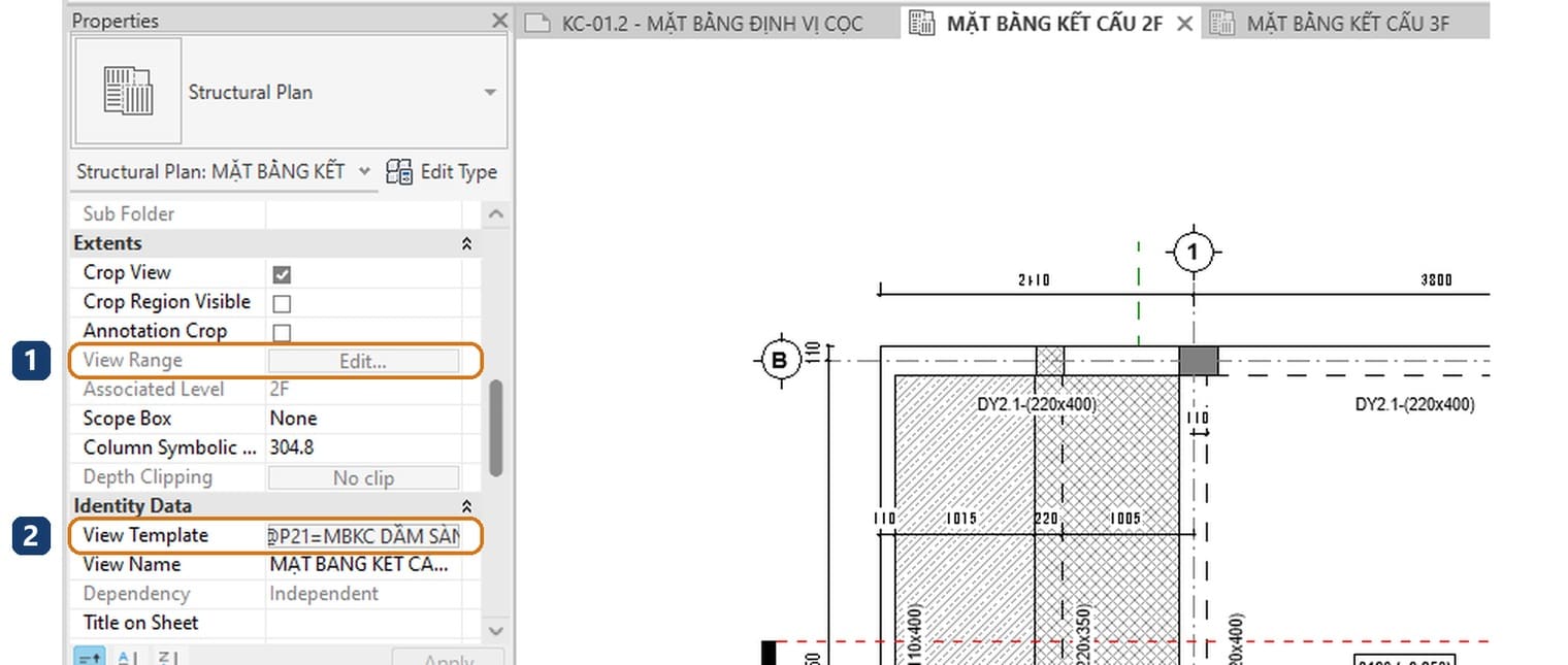 1 dòng View Range cùng nút Edit đang mờ. 2 dòng View Template cho biết khung nhìn đang bị một mẫu khoá