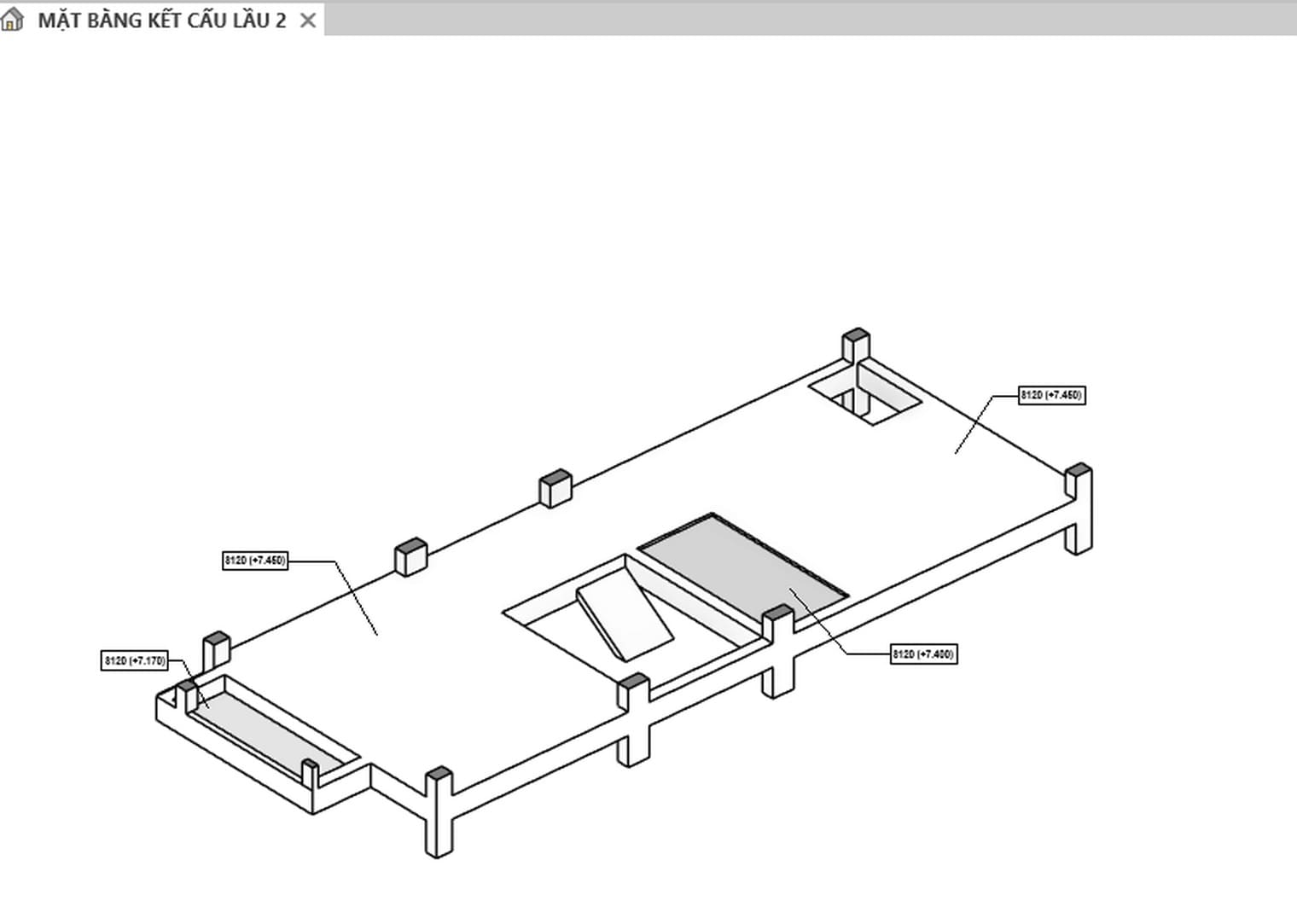 One storey of slabs in a three-dimensional view, with three different slab levels inside the same storey