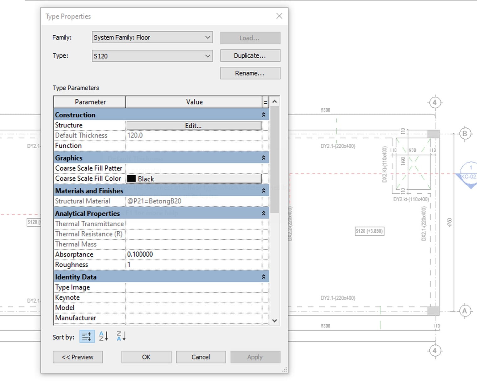 Type Properties of the S120 floor type