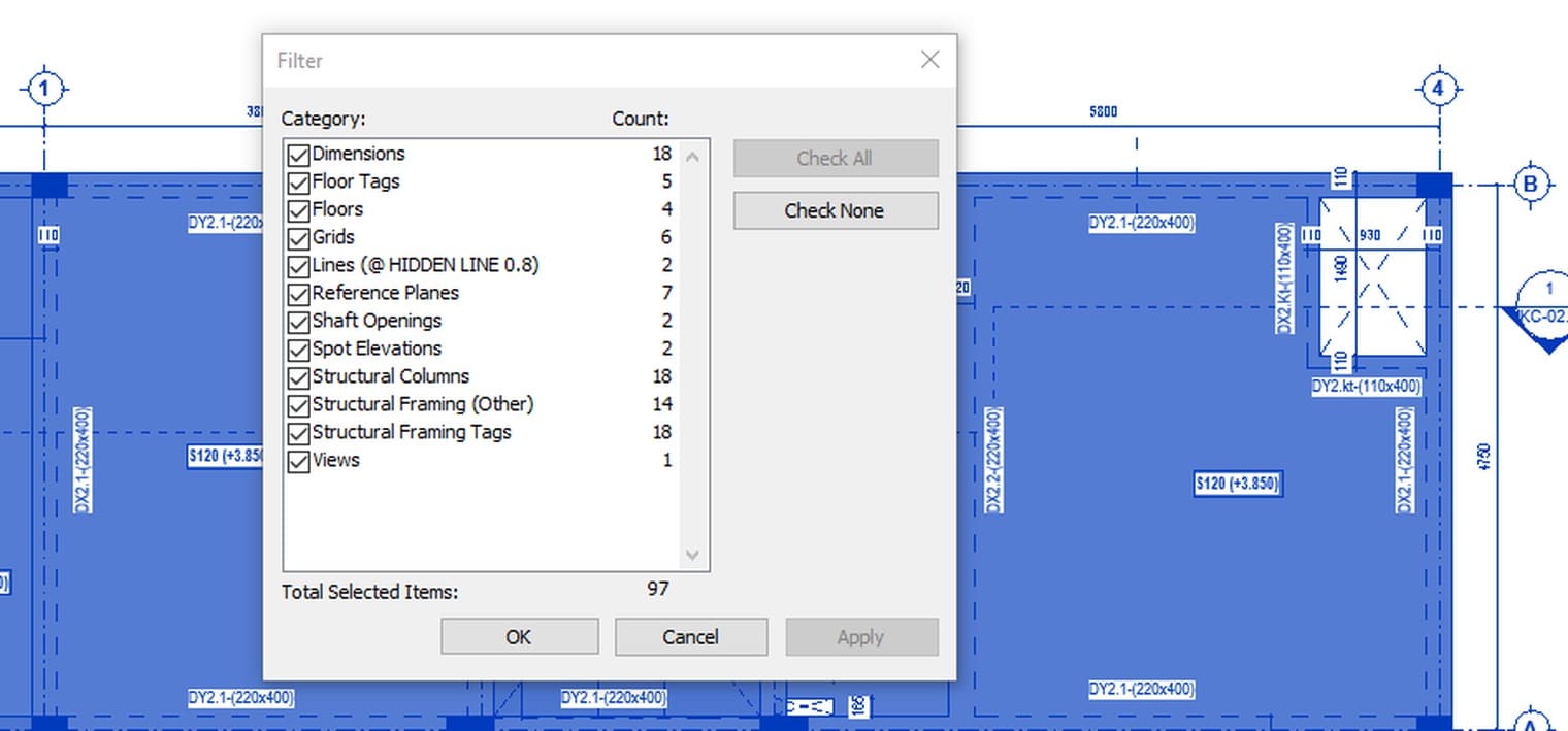 The Filter dialog listing every selected category