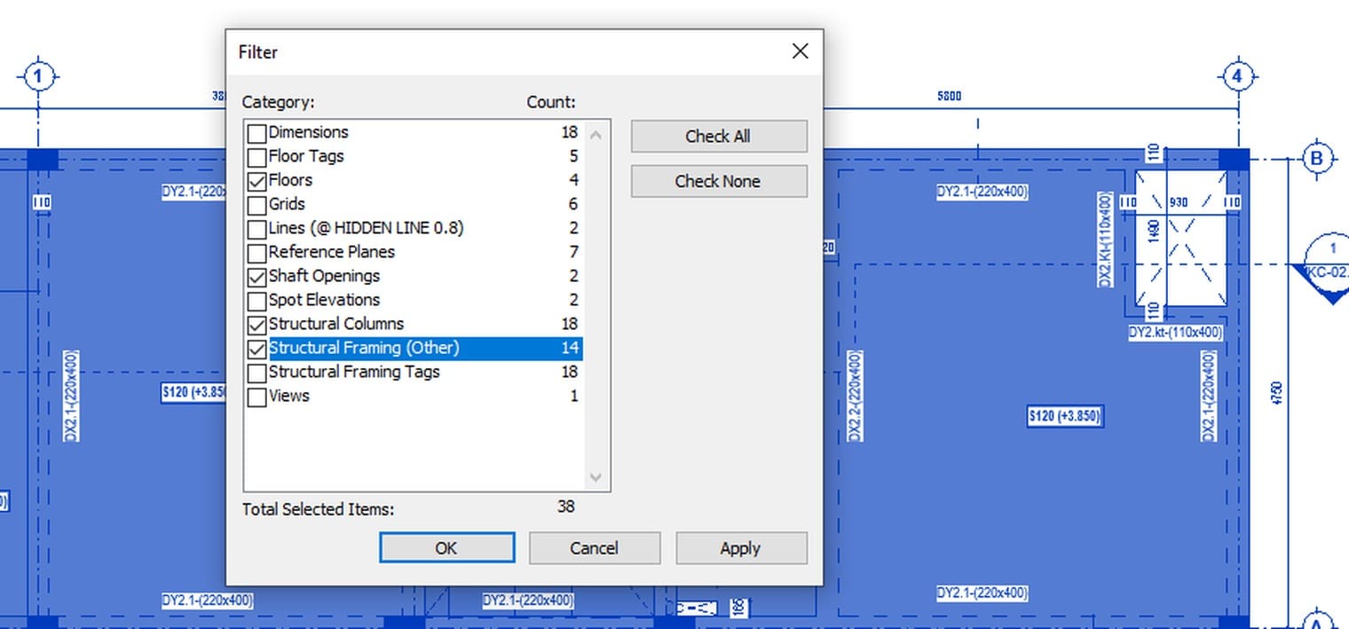 The Filter dialog reduced to four model categories