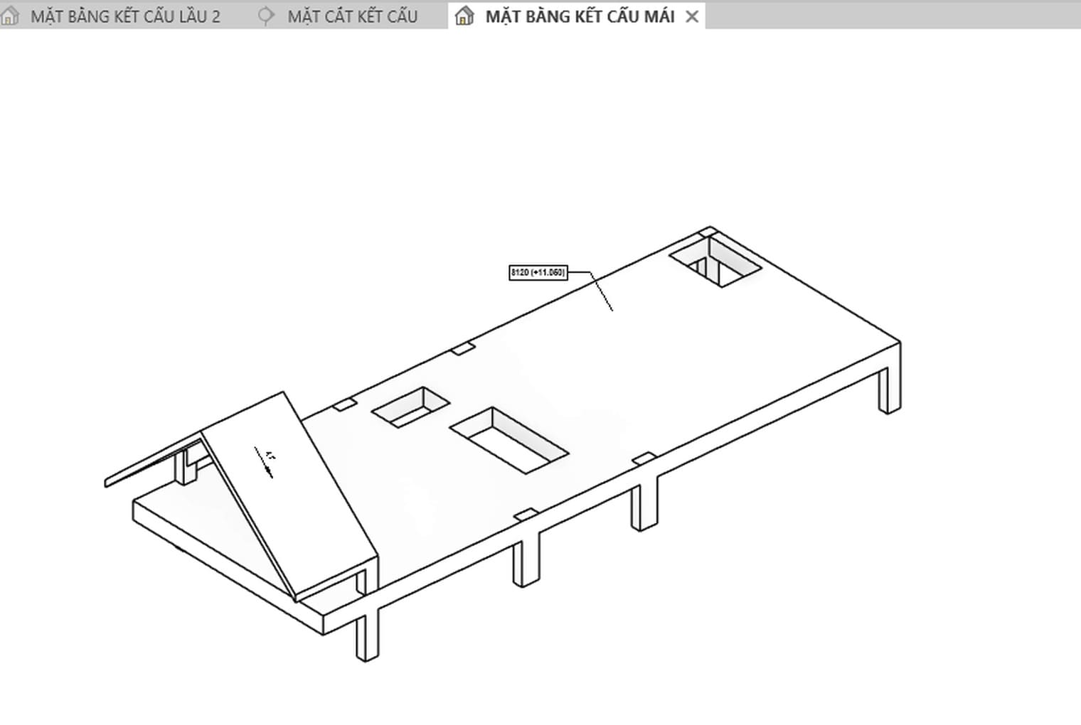 A structural roof in a three-dimensional view, with a flat slab full of openings and a sloped panel at the gable