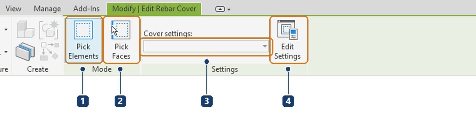 1 Pick Elements gán cho cả cấu kiện. 2 Pick Faces gán cho một mặt. 3 danh sách Cover settings. 4 nút Edit Settings mở lại hộp khai trị số