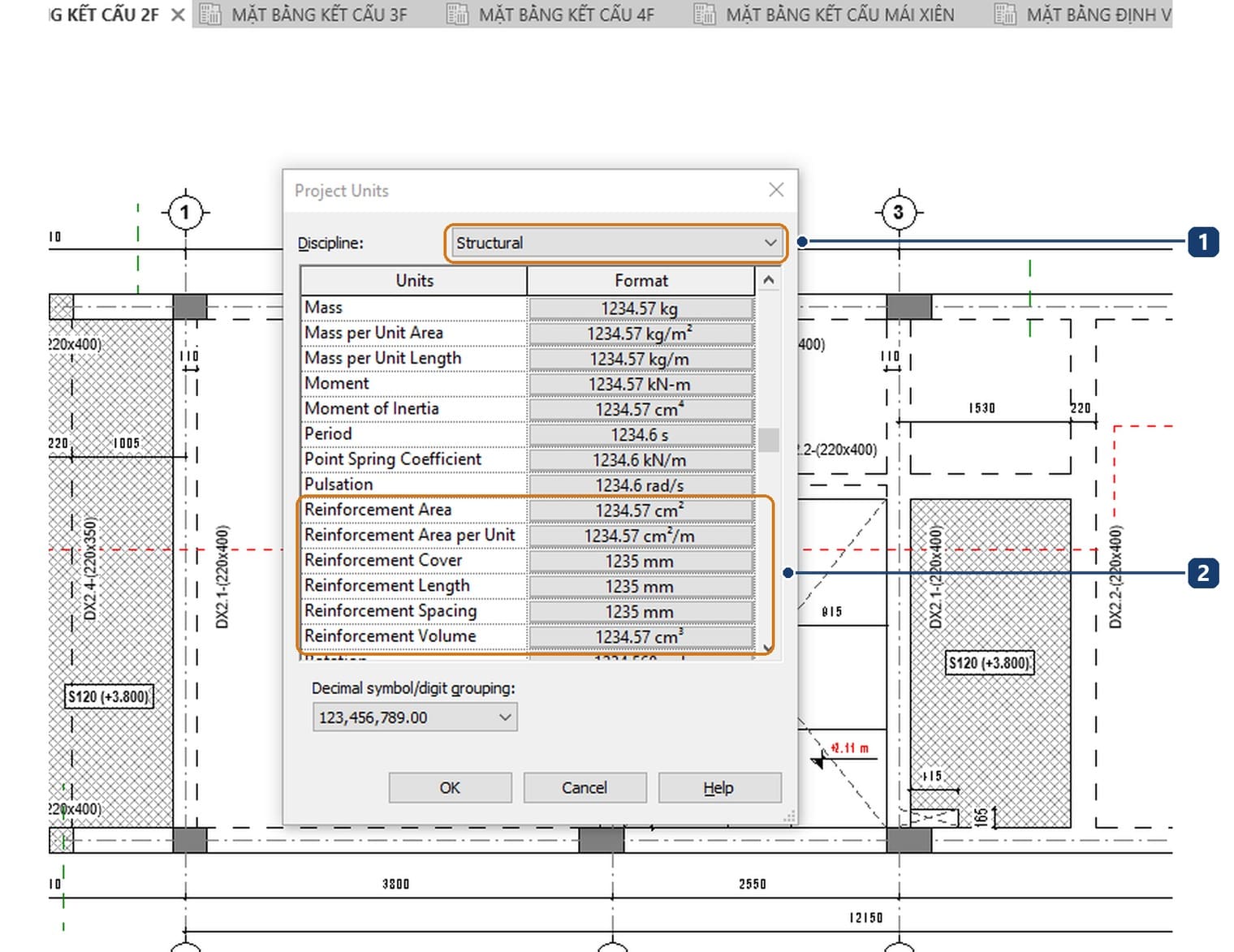 1 ô Discipline đặt là Structural. 2 nhóm đơn vị riêng của cốt thép, gồm Reinforcement Area, Reinforcement Cover, Reinforcement Length, Reinforcement Spacing và Reinforcement Volume