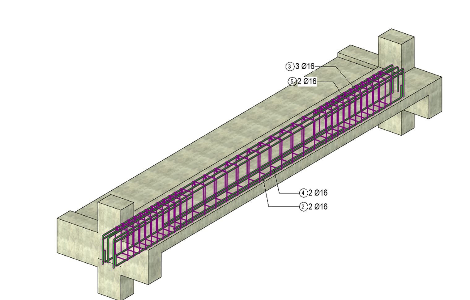 Lồng thép một dầm bê tông cốt thép dựng trong Revit 2027, nhìn xuyên qua bê tông