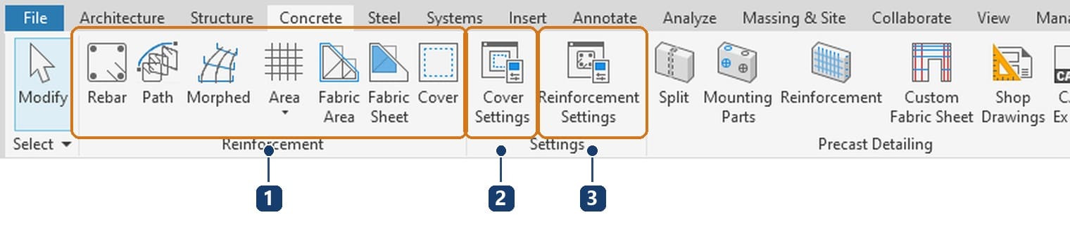1 panel Reinforcement với bảy nút đặt thép. 2 nút Cover Settings. 3 nút Reinforcement Settings