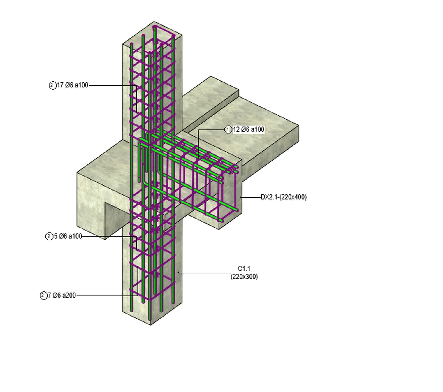 Nút khung dầm và cột với lồng thép dựng trong Revit 2027, nhìn xuyên qua bê tông