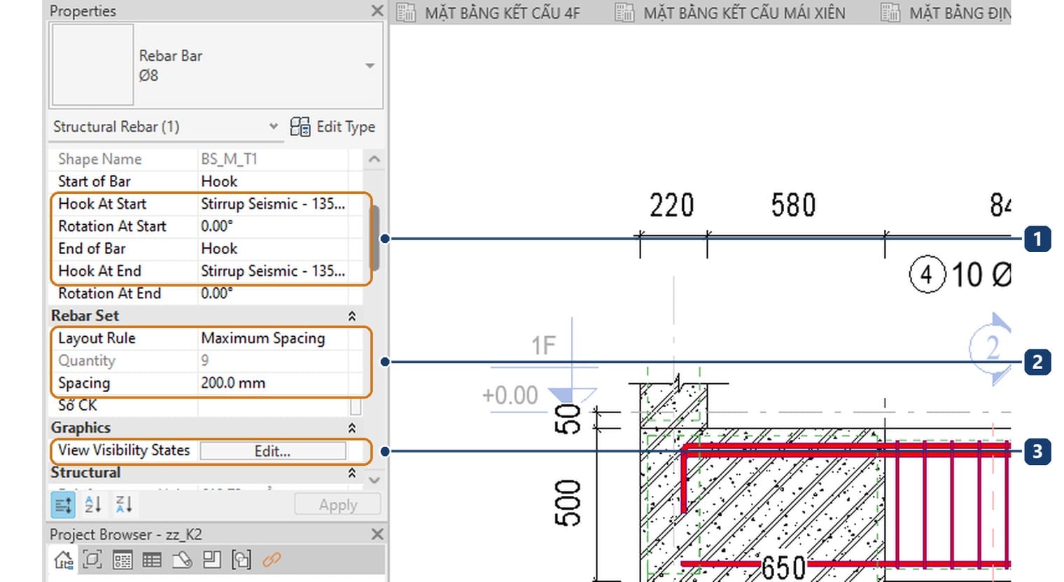 1 móc ở hai đầu thanh. 2 Layout Rule Maximum Spacing kèm Quantity bị làm mờ và Spacing gõ tay. 3 nút Edit của tham số View Visibility States