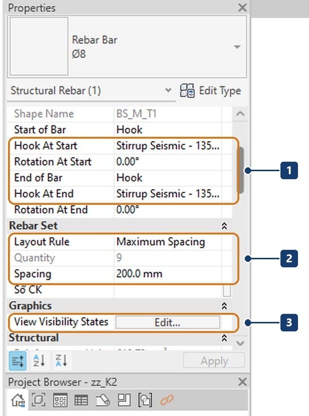 1 móc ở hai đầu thanh. 2 Layout Rule Maximum Spacing kèm Quantity bị làm mờ và Spacing gõ tay. 3 nút Edit của tham số View Visibility States