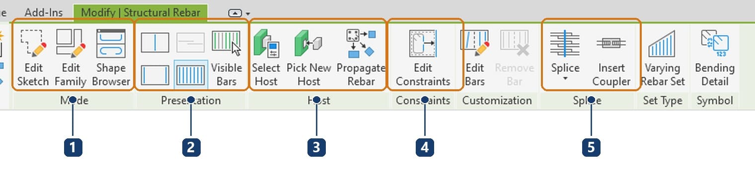 1 Mode với Edit Sketch và Shape Browser. 2 Presentation chọn thanh nào được vẽ. 3 Host với Select Host và Propagate Rebar. 4 Constraints. 5 Splice và Insert Coupler