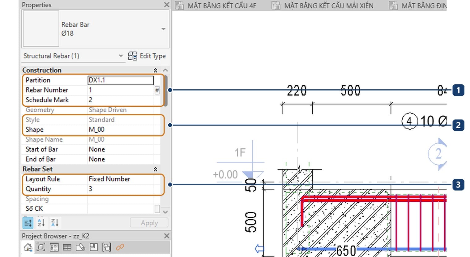 1 tên phân vùng, số hiệu thanh và ký hiệu thống kê. 2 kiểu thanh Standard với hình dạng thanh thẳng. 3 Layout Rule đặt Fixed Number kèm số thanh