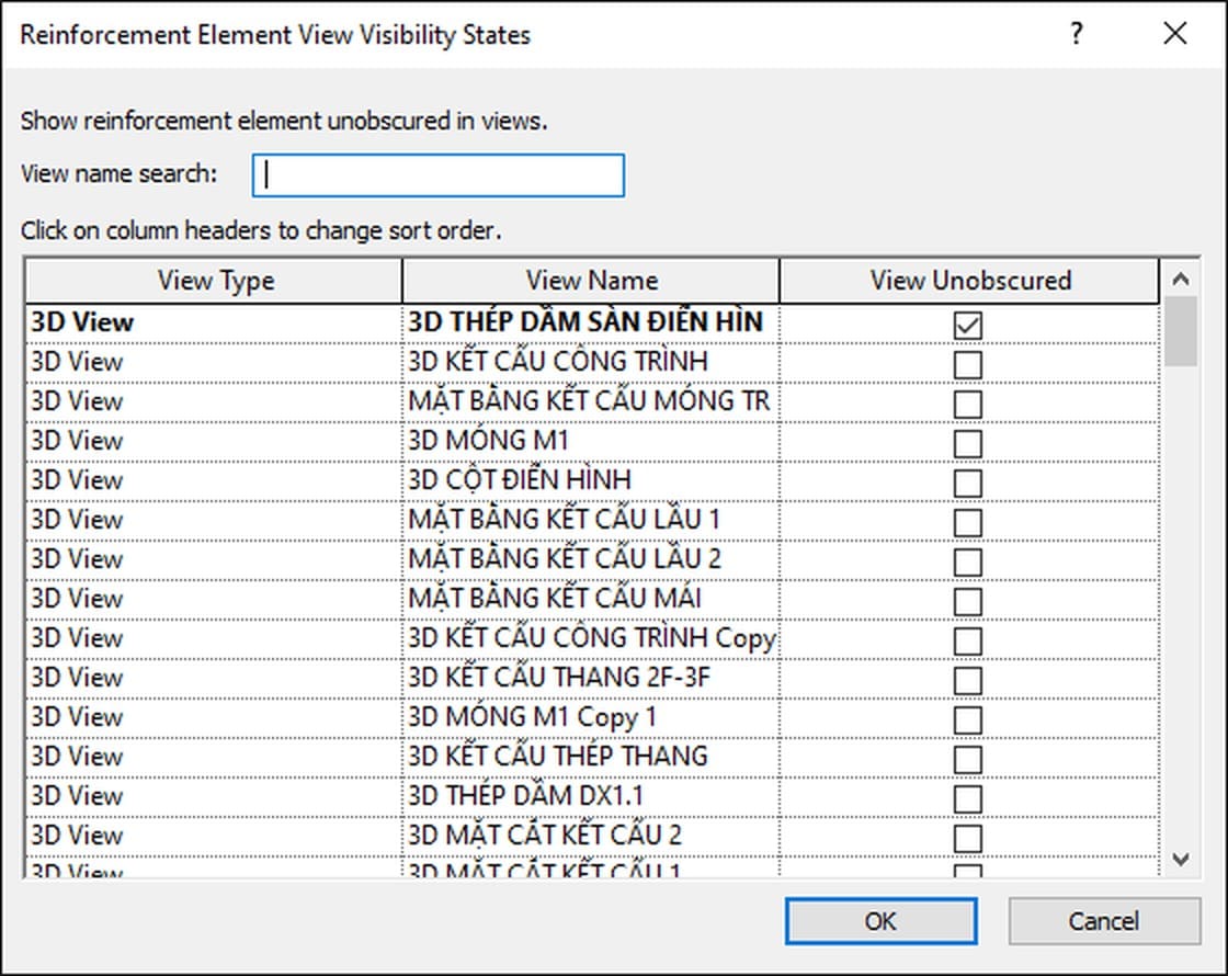 Hộp Reinforcement Element View Visibility States với ba cột