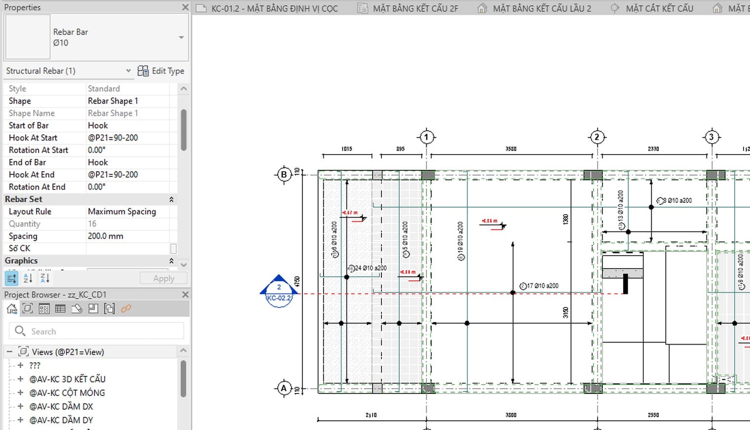 Nhóm Rebar Set với Layout Rule Maximum Spacing và Spacing 200