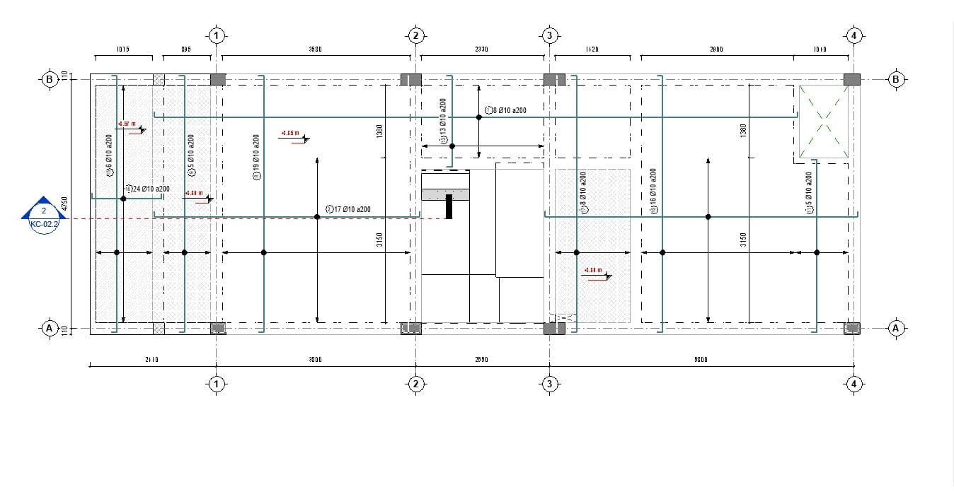 Mặt bằng thép sàn hai lớp với nhãn số thanh và khoảng cách