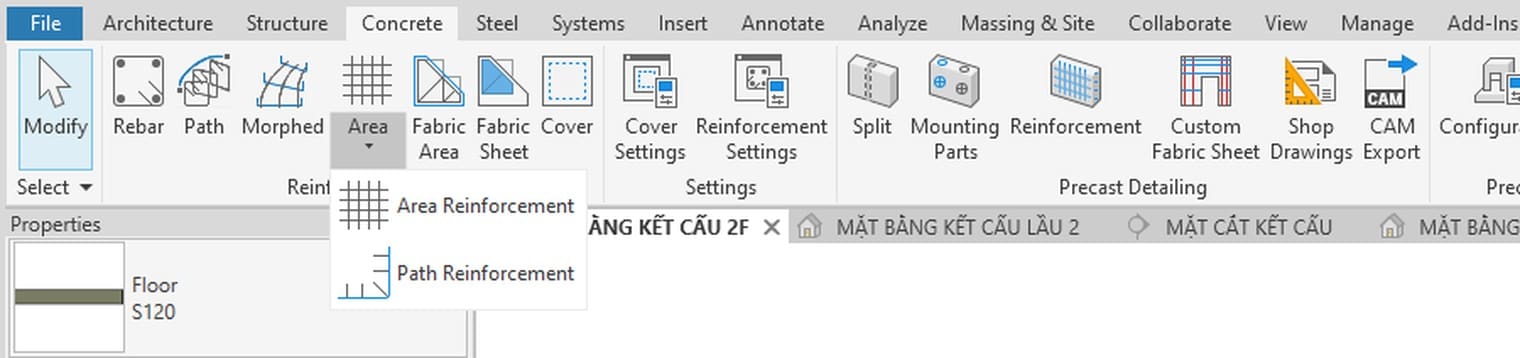 Menu của nút Area với hai mục Area Reinforcement và Path Reinforcement