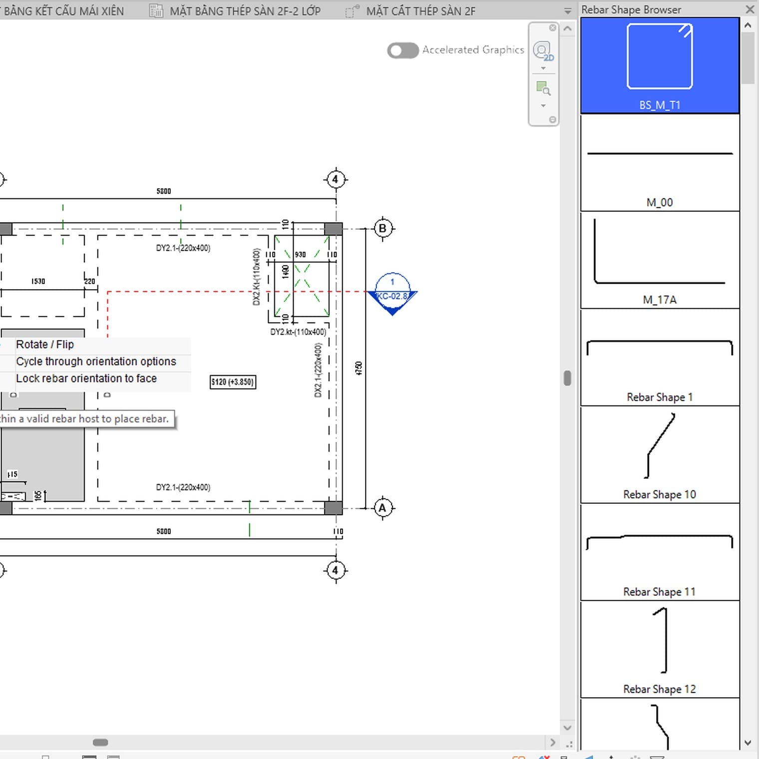 Bảng Rebar Shape Browser liệt kê các hình dạng thanh của dự án