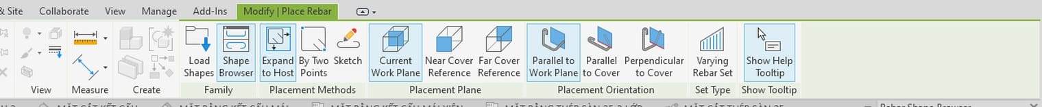 The Modify Place Rebar contextual tab with its four option panels