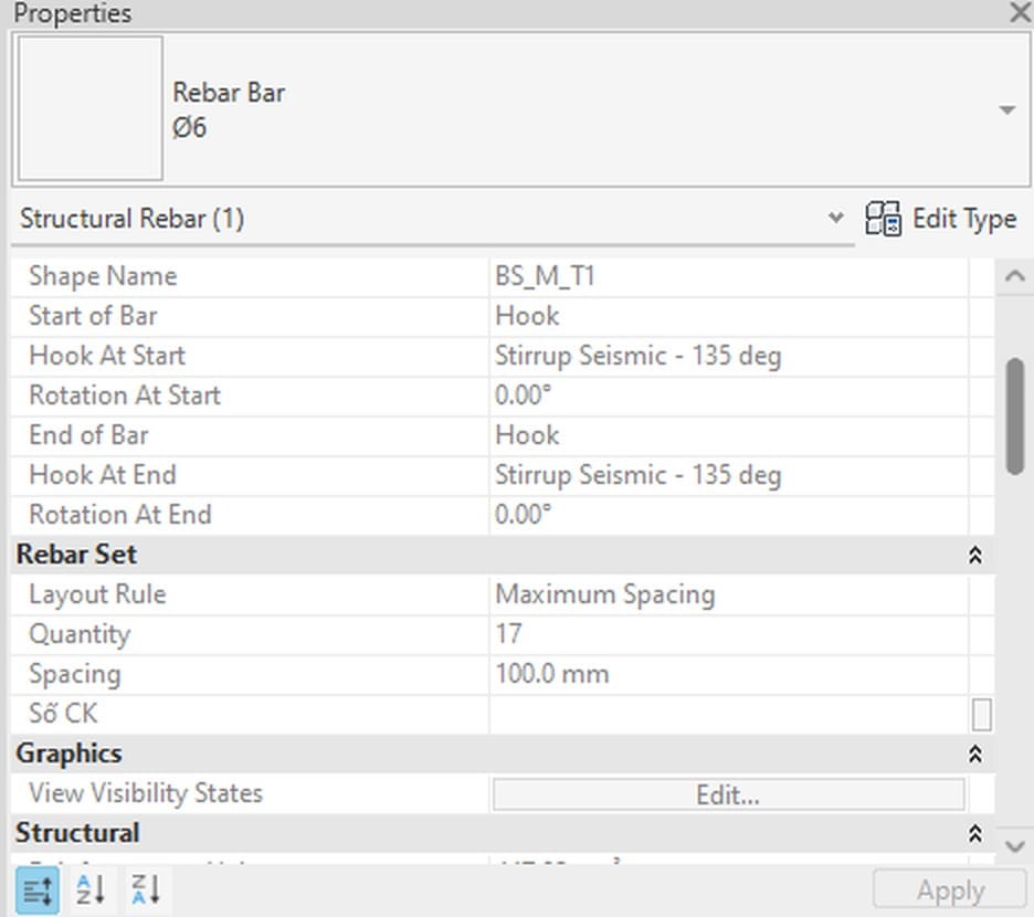 Nhóm Rebar Set của bộ đai với Maximum Spacing, Quantity 17 và Spacing 100