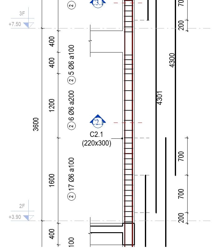 Mặt cắt dọc đoạn cột C2.1 giữa 2F và 3F với các đoạn đai dày và thưa