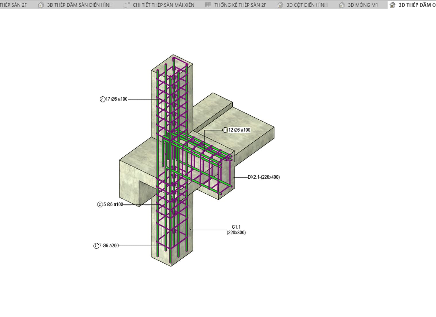 A beam and column joint in a three-dimensional view with close ties and wide ties