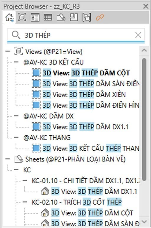 Ô Search của Project Browser lọc ra các khung nhìn ba chiều dựng riêng cho cốt thép
