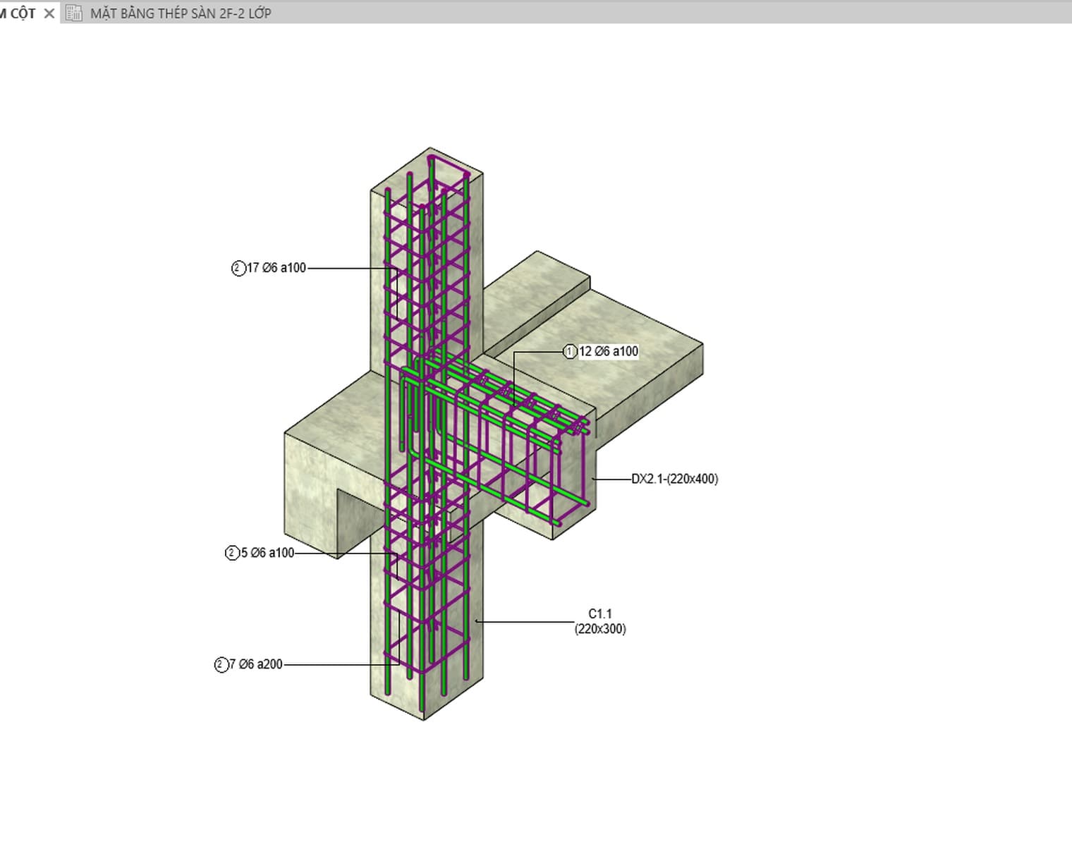 Nút giao dầm và cột trong Revit 2027, thép đai và thép dọc hiện rõ xuyên qua khối bê tông