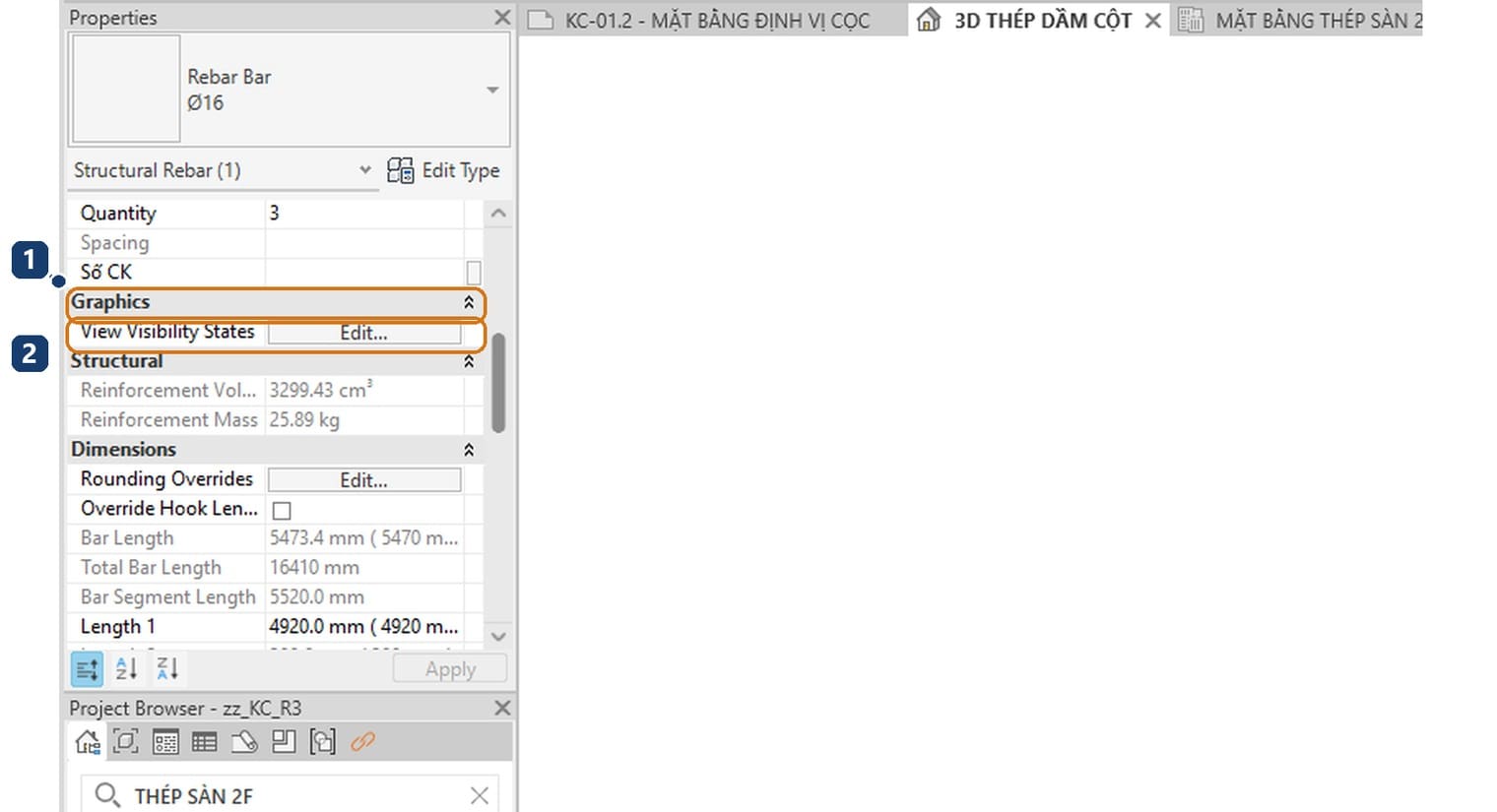 1 nhóm Graphics trên bảng Properties. 2 tham số View Visibility States và nút Edit