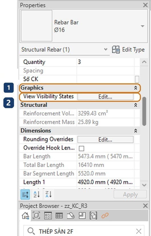 1 nhóm Graphics trên bảng Properties. 2 tham số View Visibility States và nút Edit