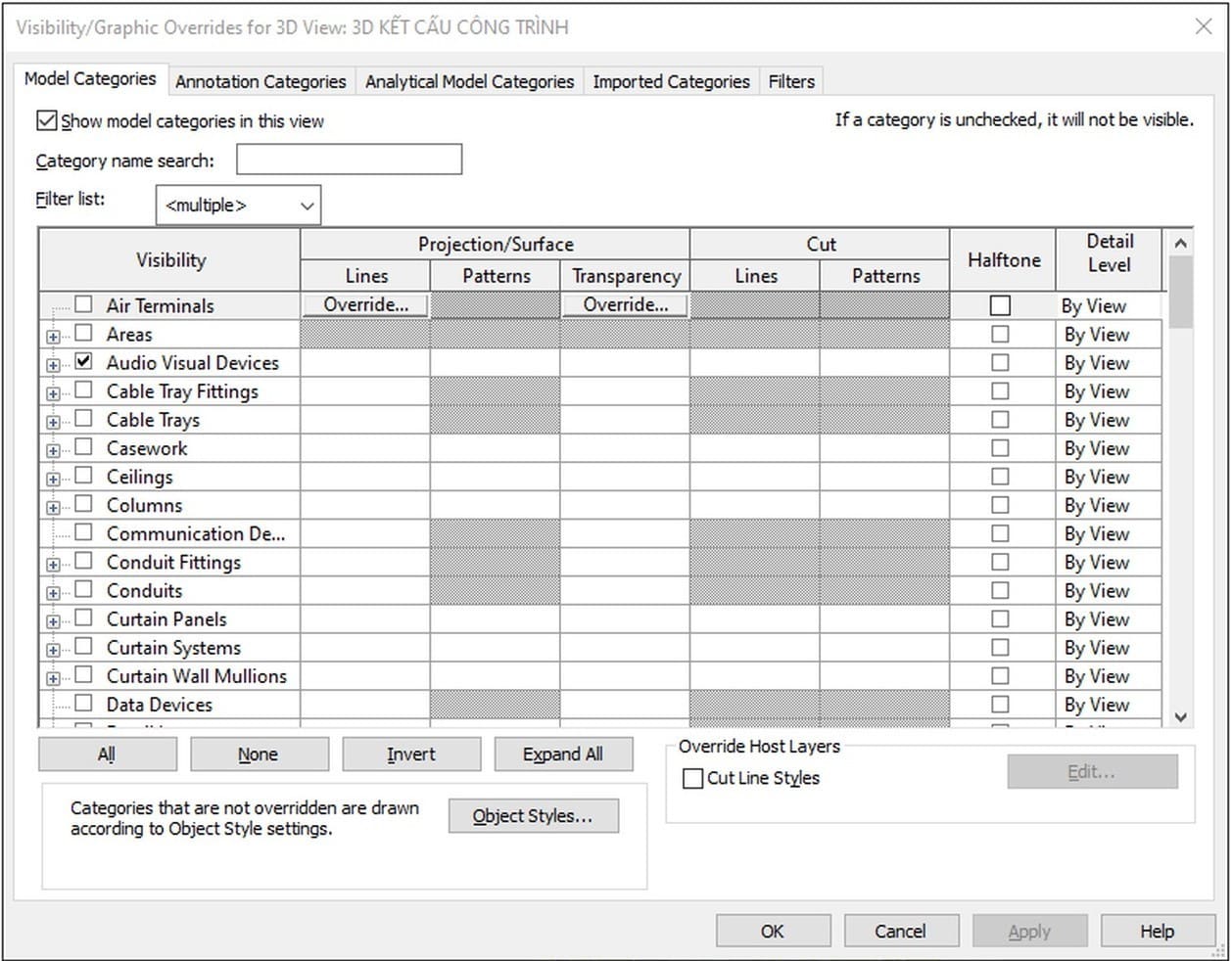 Hộp Visibility Graphic Overrides của khung nhìn ba chiều, thẻ Model Categories với danh sách chủng loại và ô Category name search
