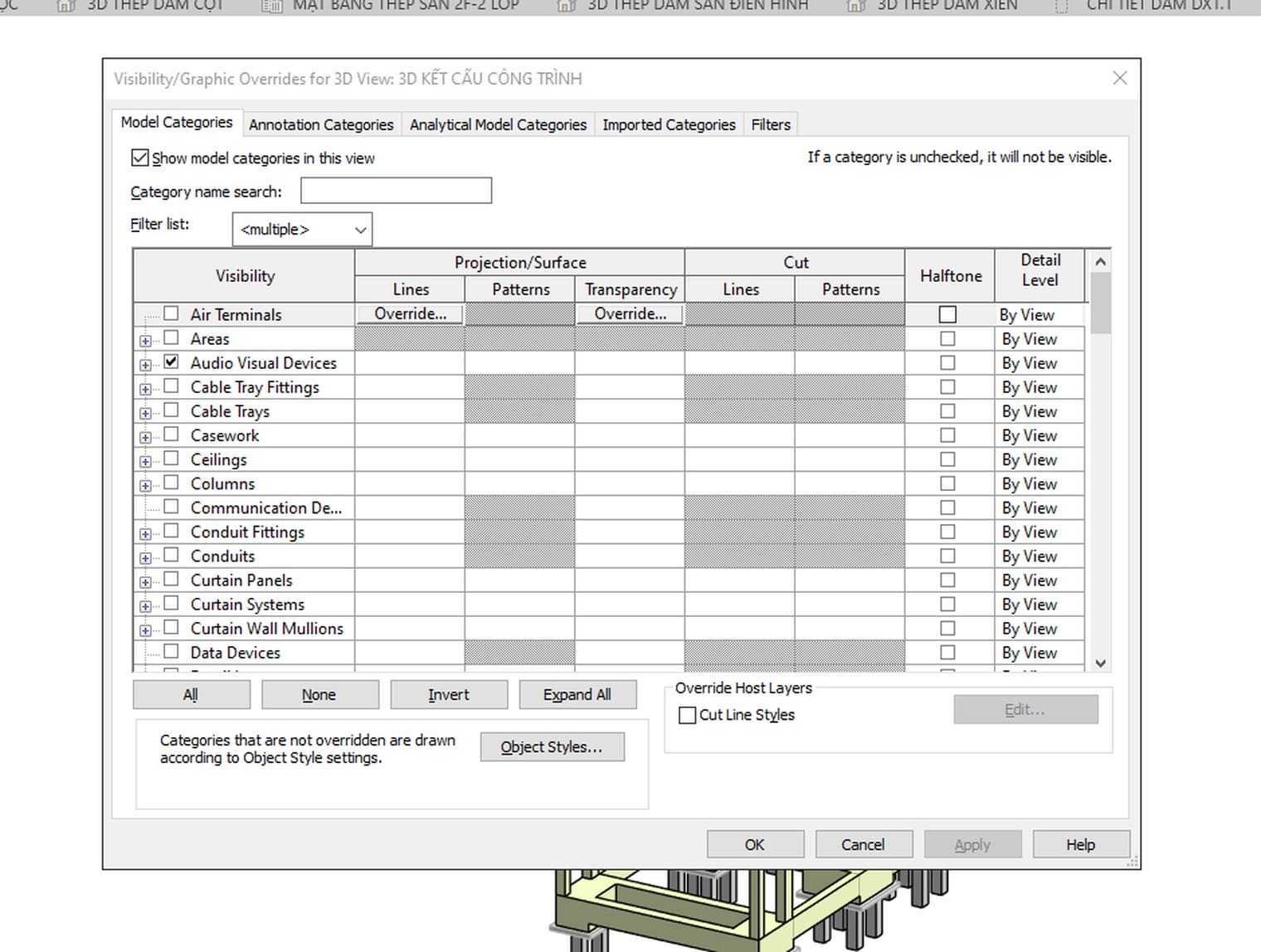 Hộp Visibility Graphic Overrides của khung nhìn ba chiều, thẻ Model Categories với danh sách chủng loại và ô Category name search