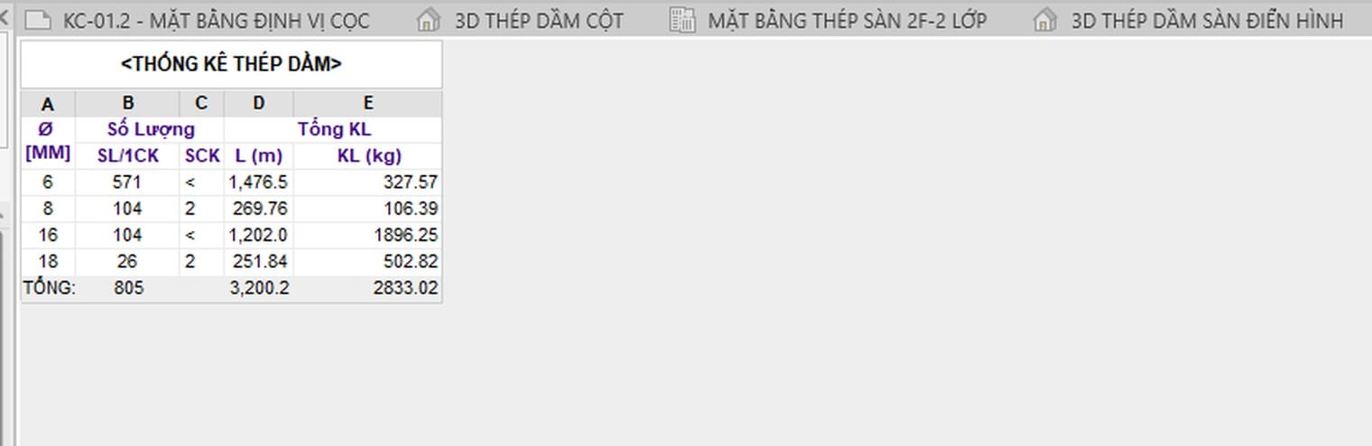 A beam rebar schedule grouped by diameter: four diameter rows and one grand total row