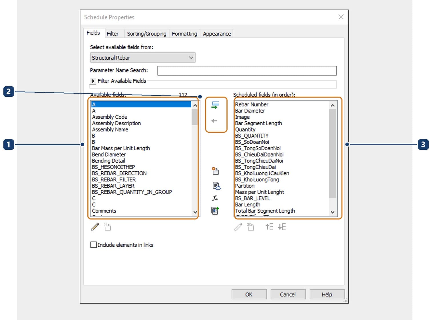 1 the Available fields list with the remaining field count. 2 the add and remove buttons. 3 the Scheduled fields list in column order