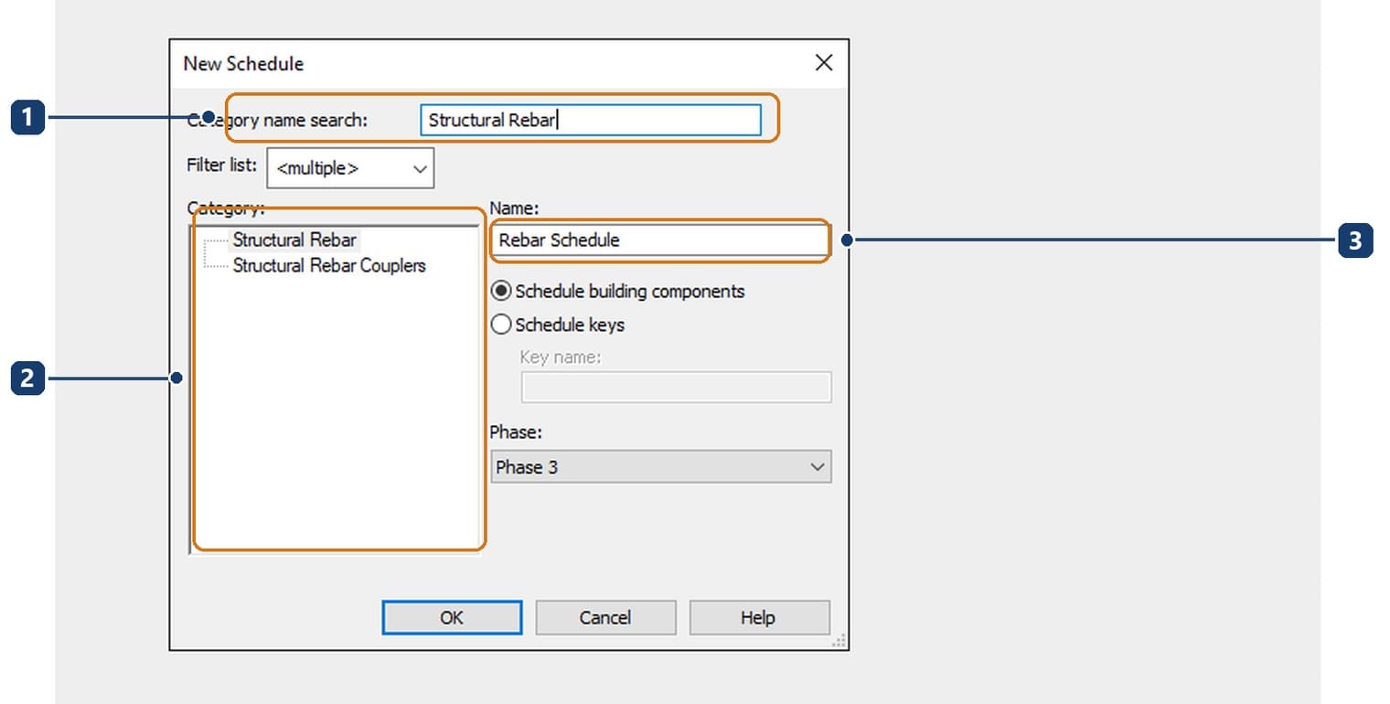 1 the Category name search box just typed into. 2 the list reduced to Structural Rebar and Structural Rebar Couplers. 3 the Name box filled in automatically